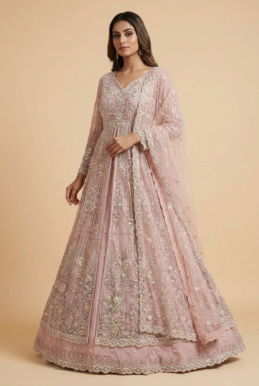 Powder Blue Embroidered Net Lehenga Achkan Set with Dupatta