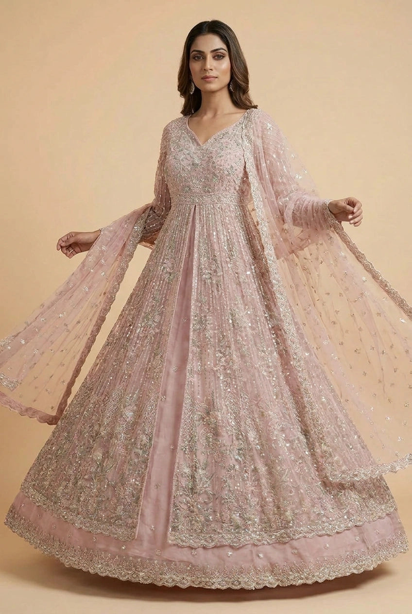 Powder Blue Embroidered Net Lehenga Achkan Set with Dupatta