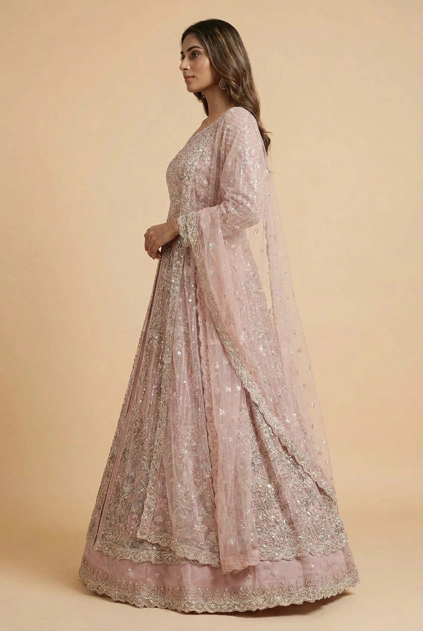 Powder Blue Embroidered Net Lehenga Achkan Set with Dupatta