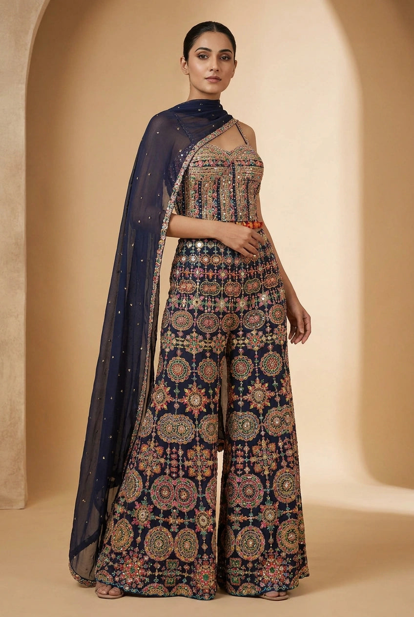Woman wearing a patterned outfit with a navy dupatta against a beige background