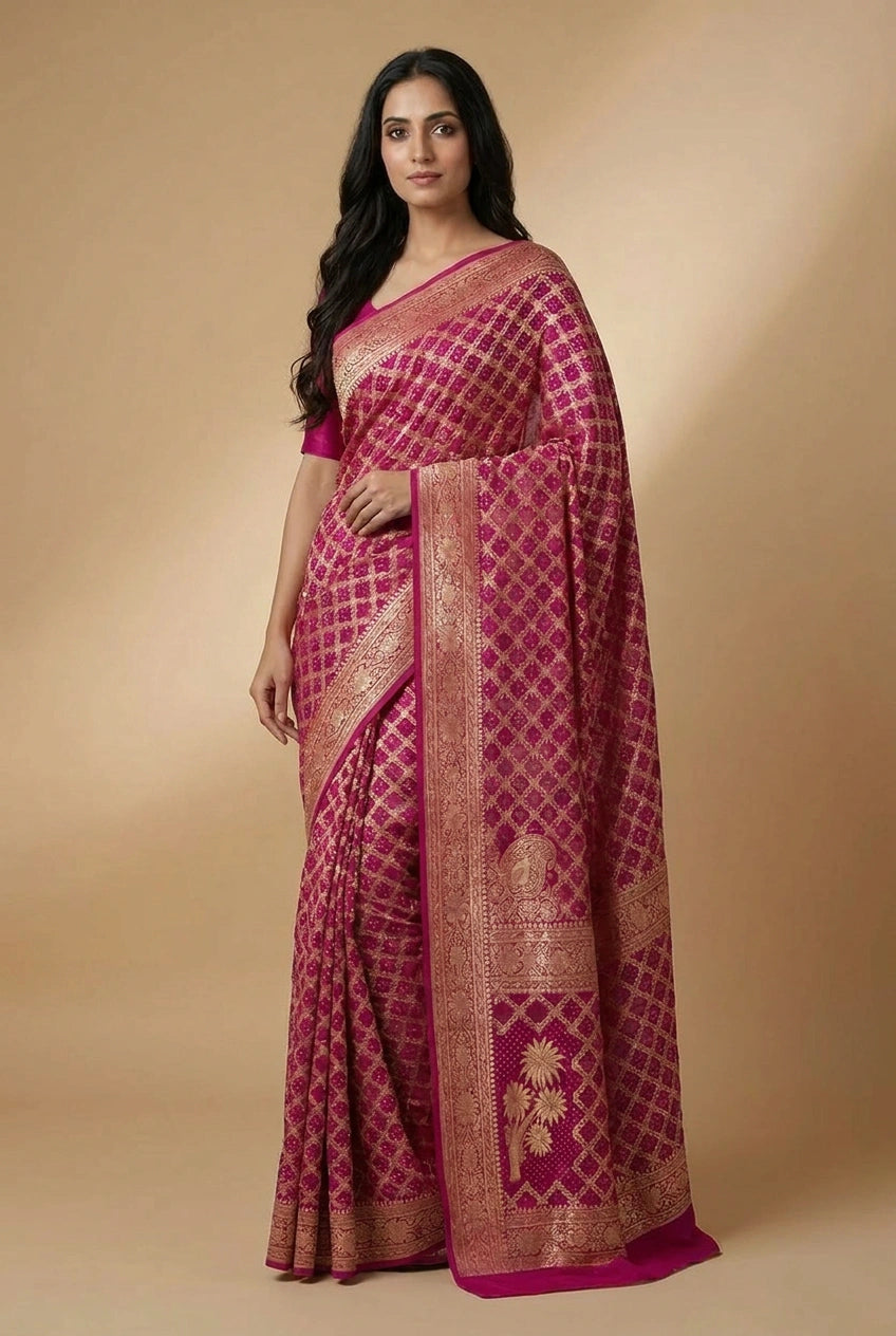 Woman wearing a pink saree with gold patterns on a beige background