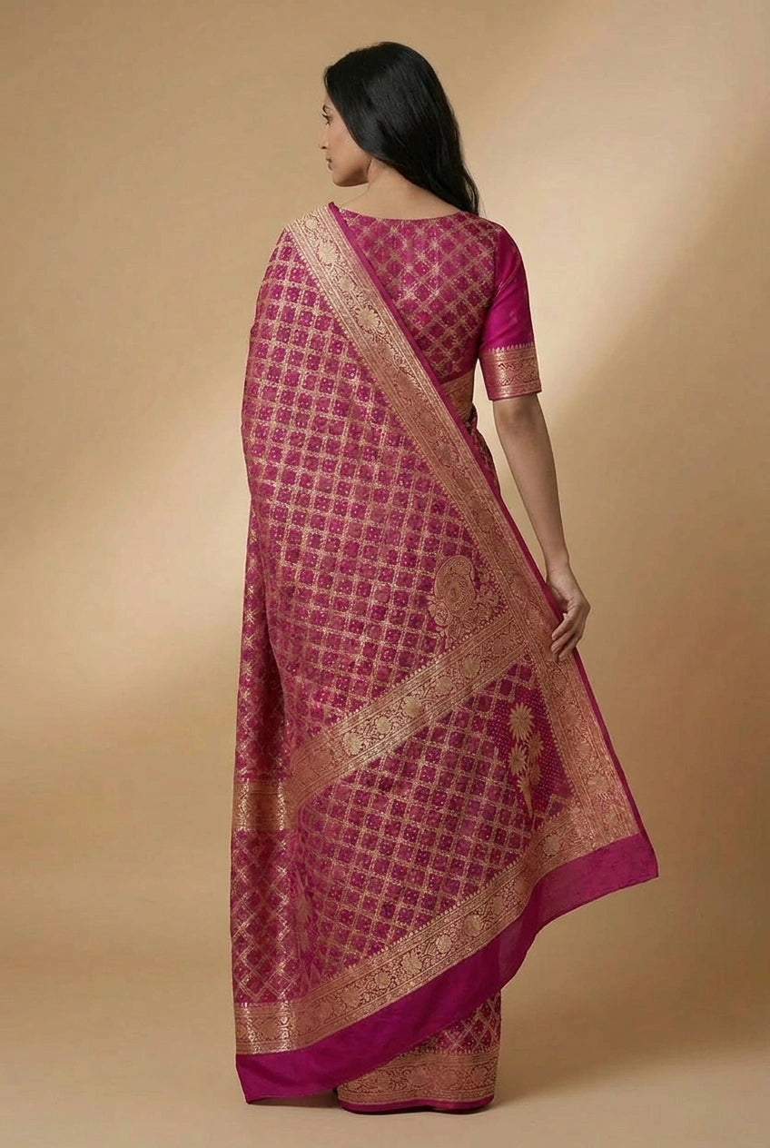 Woman wearing a pink saree with gold patterns on a beige background