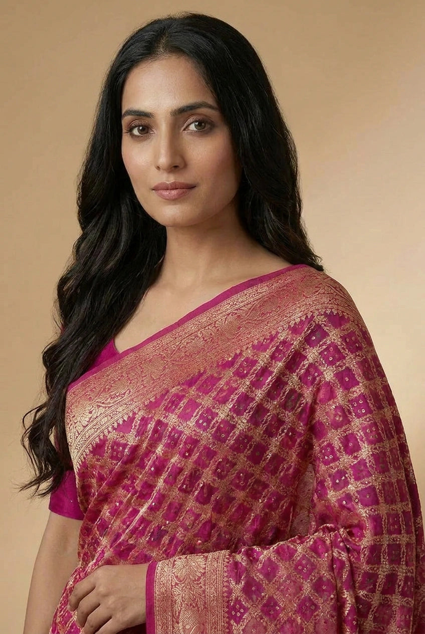 Woman wearing a pink saree with a gold border against a beige background