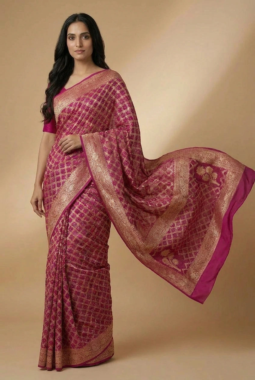 Woman wearing a pink saree with gold patterns on a beige background