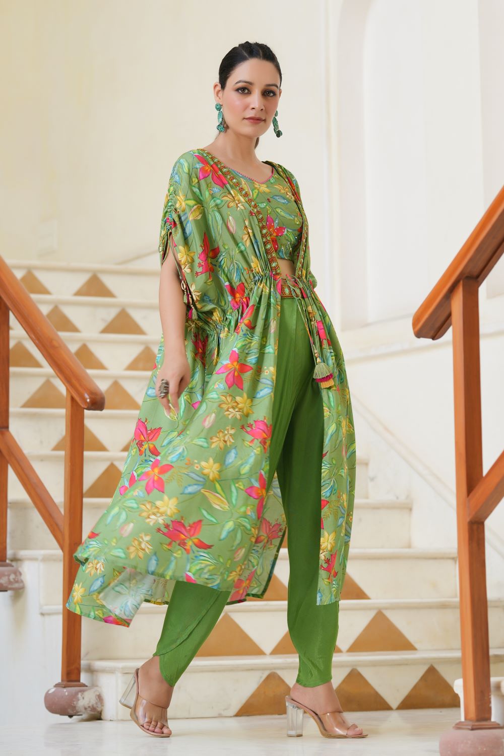 Pista Green Dhoti Set with Cape