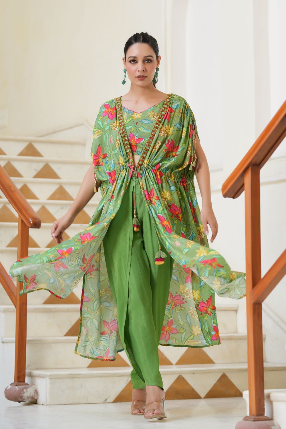 Pista Green Dhoti Set with Cape