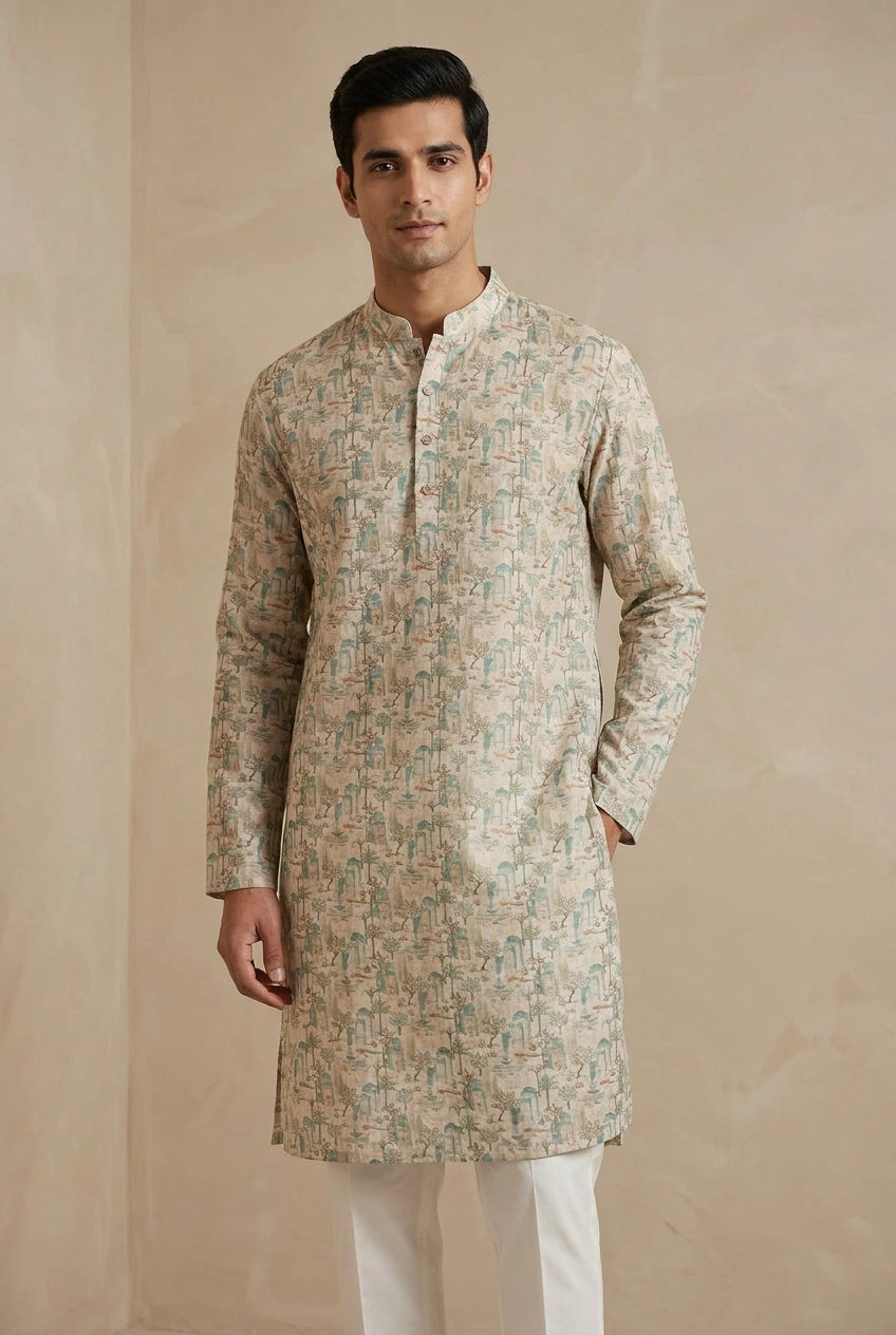 Off White Cotton Kurta Set with Self Stripe for Family Function