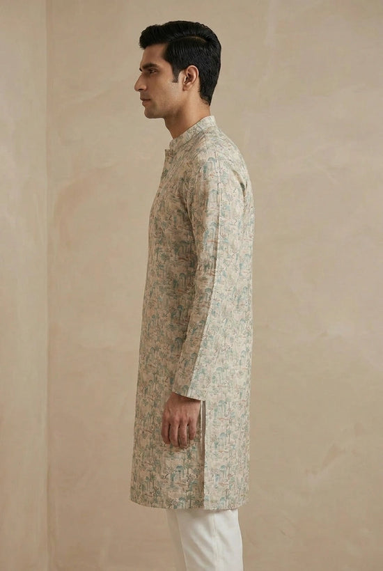Off White Cotton Kurta Set with Self Stripe for Family Function
