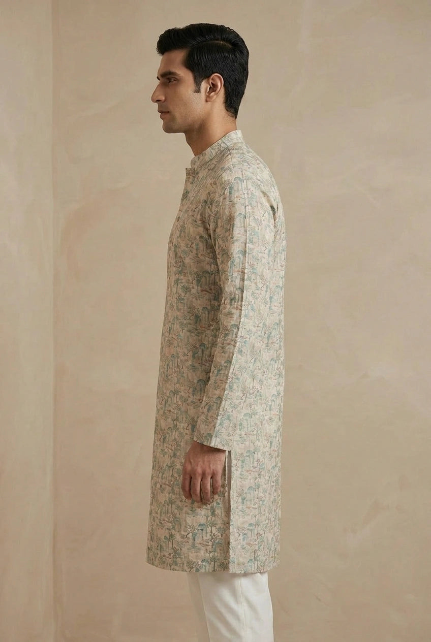 Off White Cotton Kurta Set with Self Stripe for Family Function