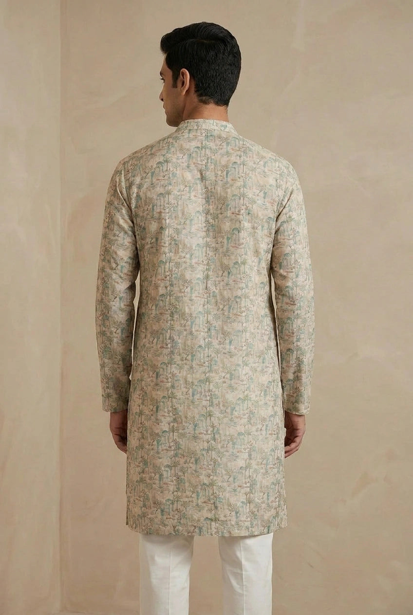 Off White Cotton Kurta Set with Self Stripe for Family Function