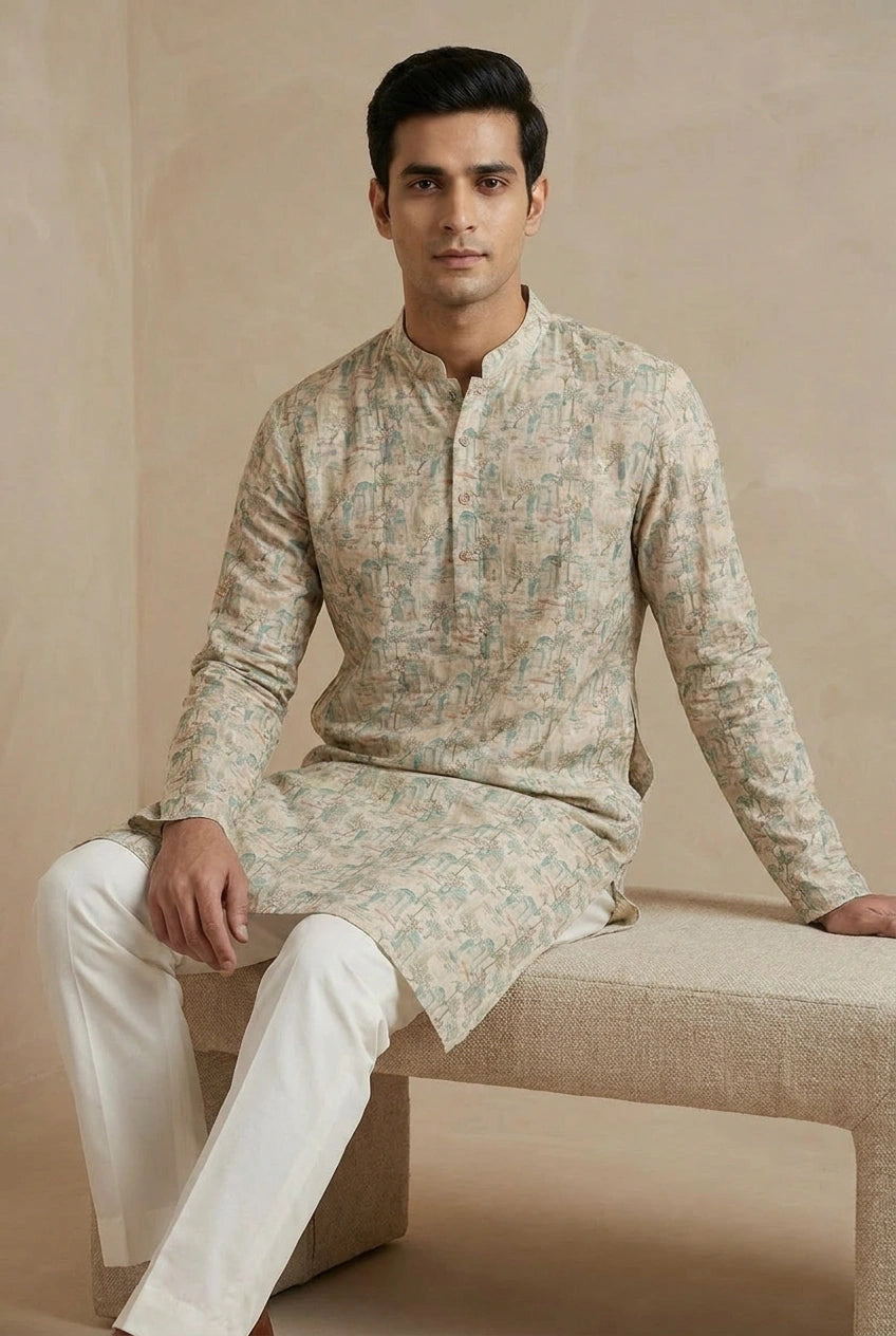 Off White Cotton Kurta Set with Self Stripe for Family Function
