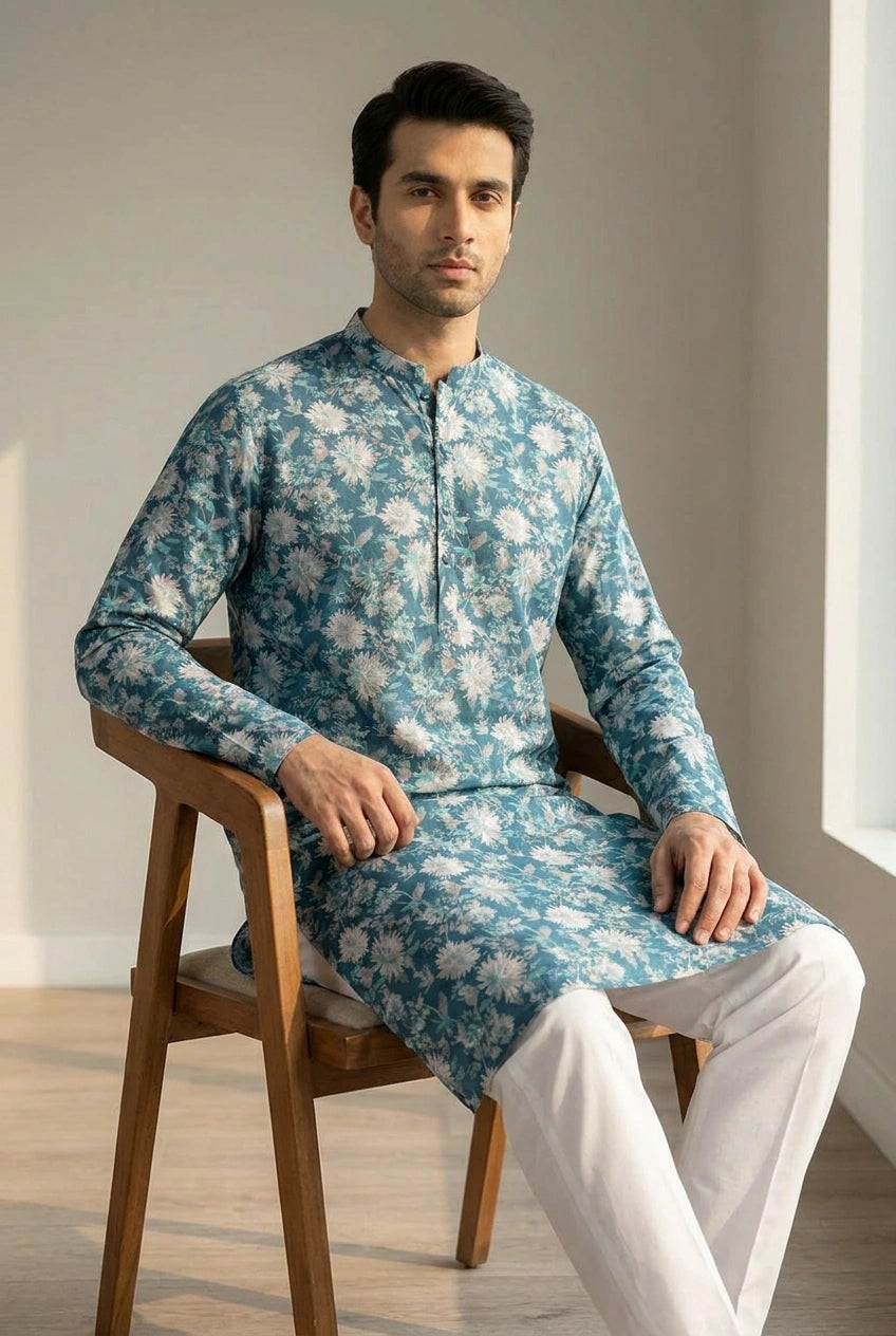 Blue Cotton Kurta Set with Hand Stitching for Everyday Comfort