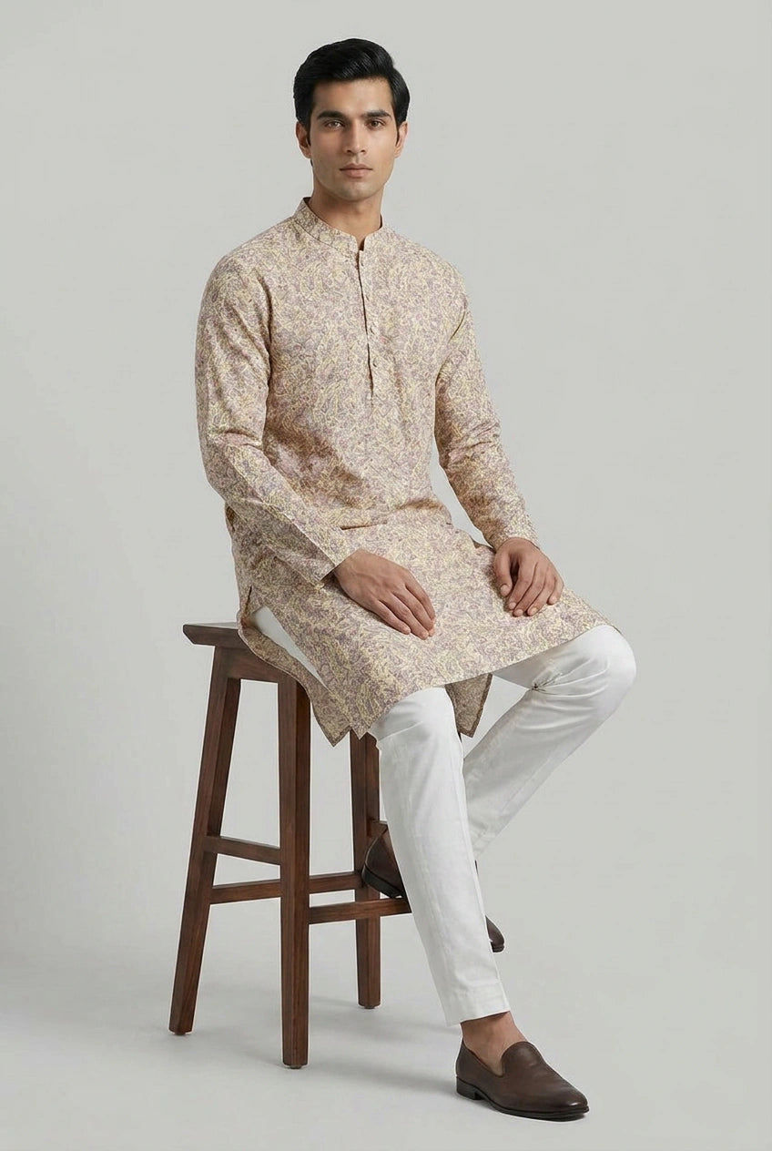 Yellow Cotton Kurta Set with Schiffli Detail for Daily Wear