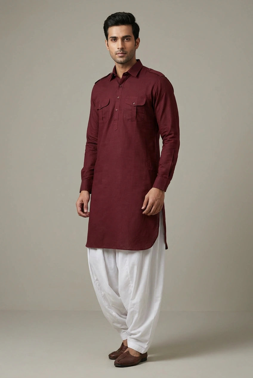 Cotton Pathani Suit with Pathani Collar for Pujas