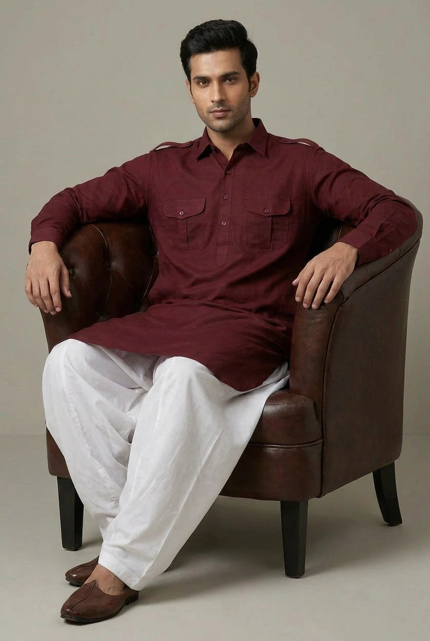 Cotton Pathani Suit with Pathani Collar for Pujas
