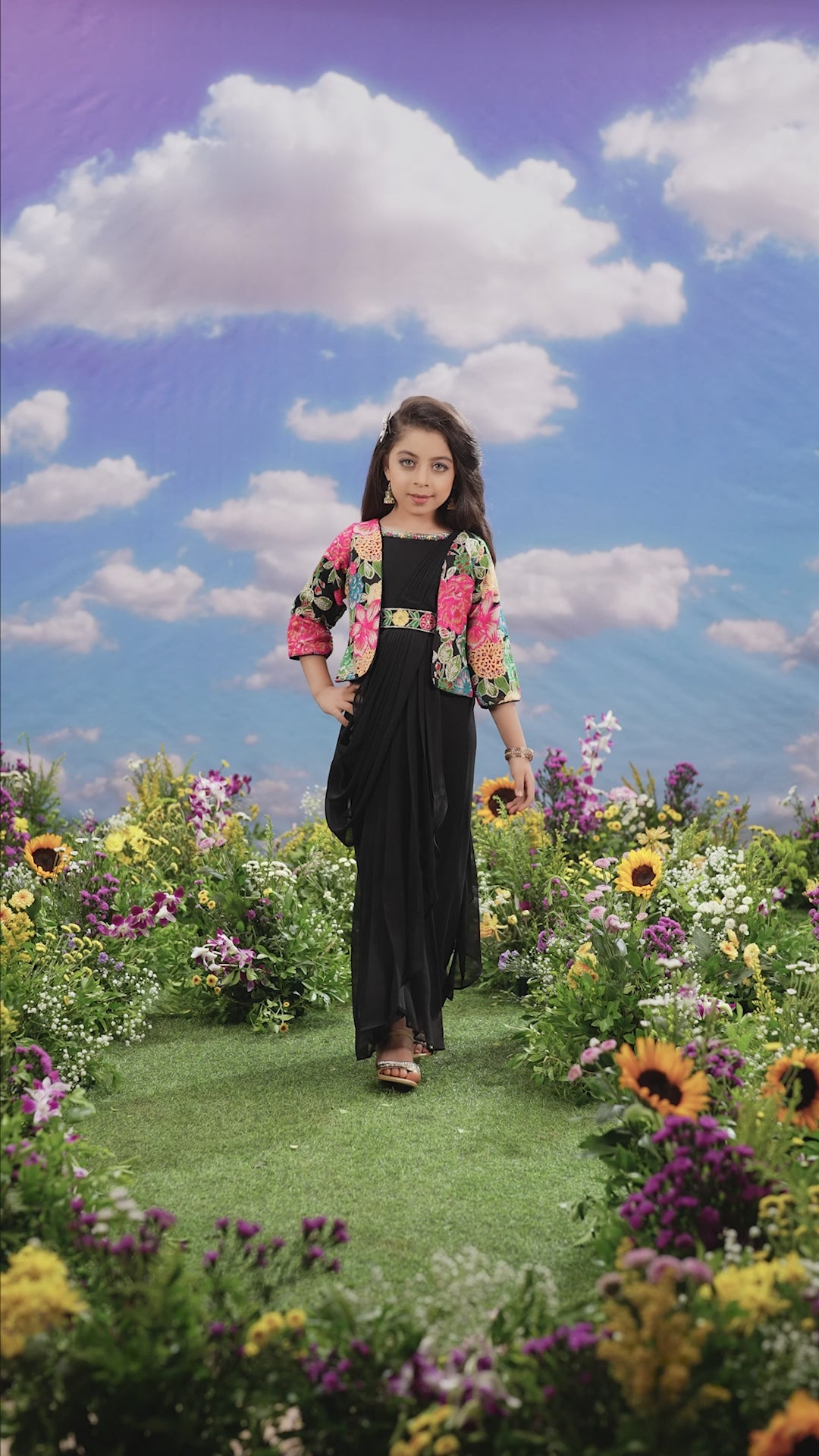 Kids Gown - Black | Silk Katan | Rangoli Kids