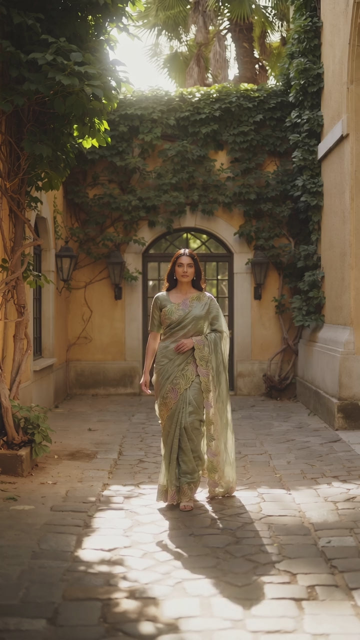 Tissue Saree with Hand-Embroidered Zari Motifs
