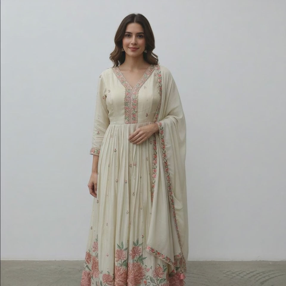 Embroidered Off White Anarkali Suit With Dupatta