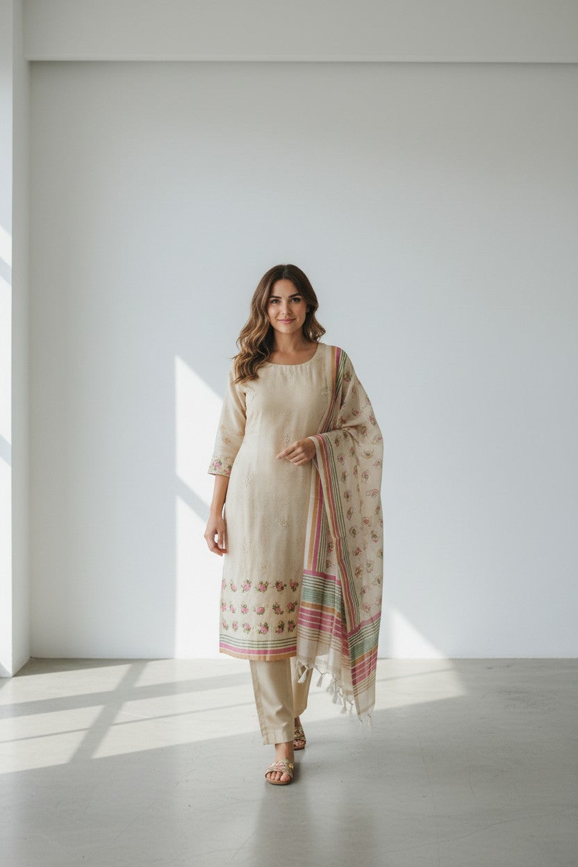 Rangoli beige linen blend kurta and trouser set with floral embroidery and striped dupatta. Perfect for daily wear.