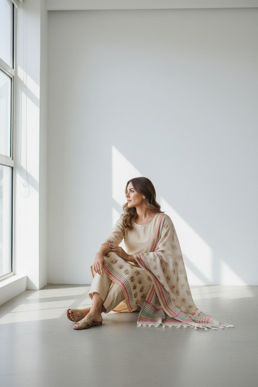 Rangoli beige linen blend kurta and trouser set with floral embroidery and striped dupatta. Perfect for daily wear.