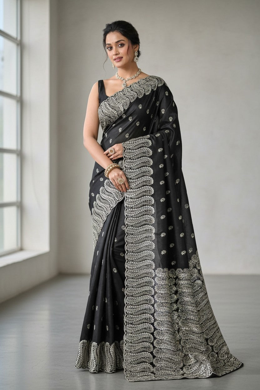 Rangoli black silk saree with intricate silver embroidery on the border and scattered motifs. Perfect for special occasions.
