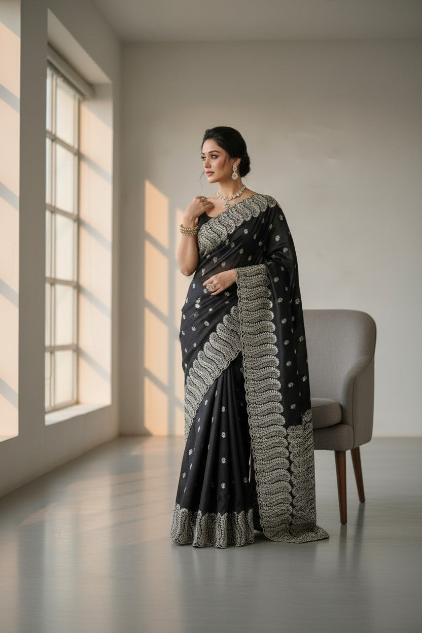 Rangoli black silk saree with intricate silver embroidery on the border and scattered motifs. Perfect for special occasions.