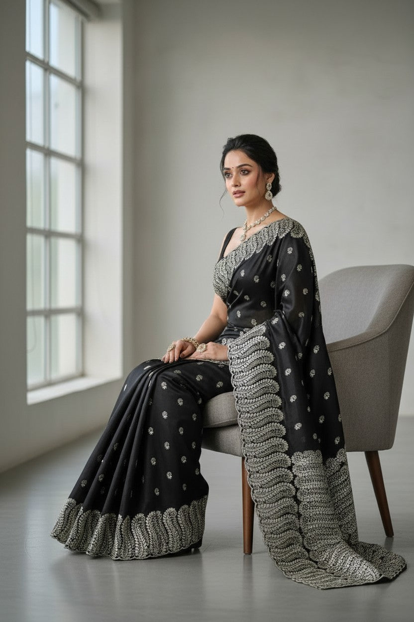 Rangoli black silk saree with intricate silver embroidery on the border and scattered motifs. Perfect for special occasions.