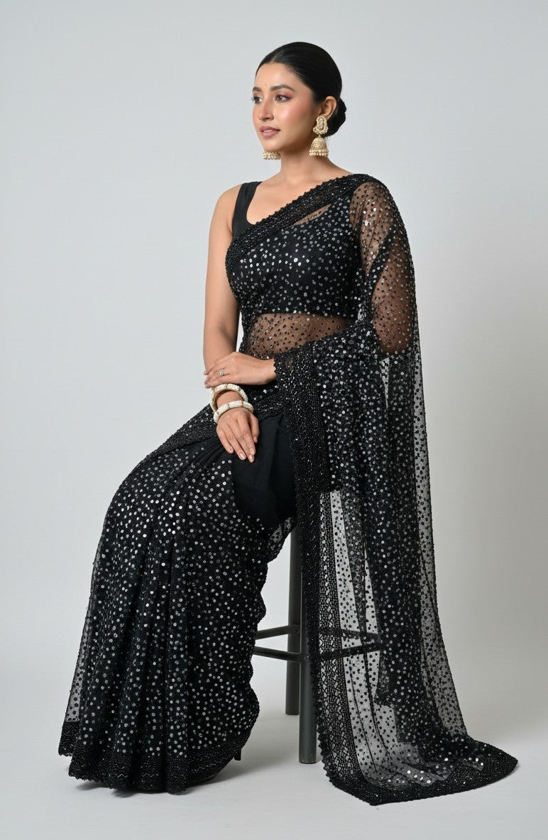 Rangoli black net saree with all-over sequins and beadwork, paired with a matching sleeveless blouse. Model wears statement earrings and bangles.