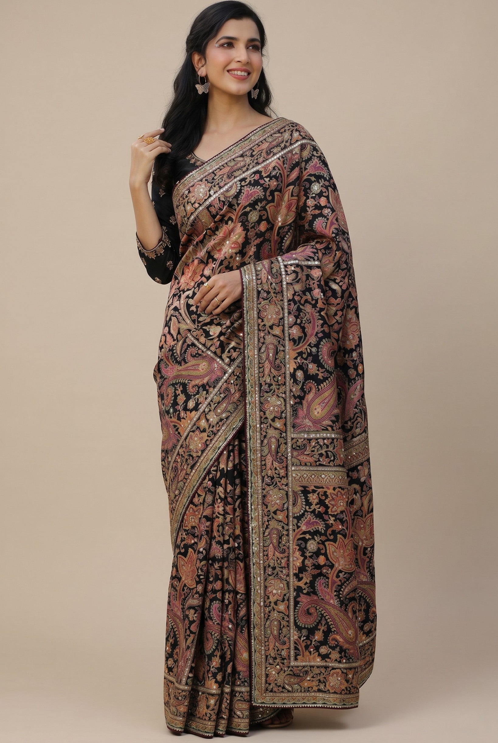 Rangoli black silk saree with pink, orange, and gold paisley embroidery, sequins, and zari work. Features a detailed border and pallu.