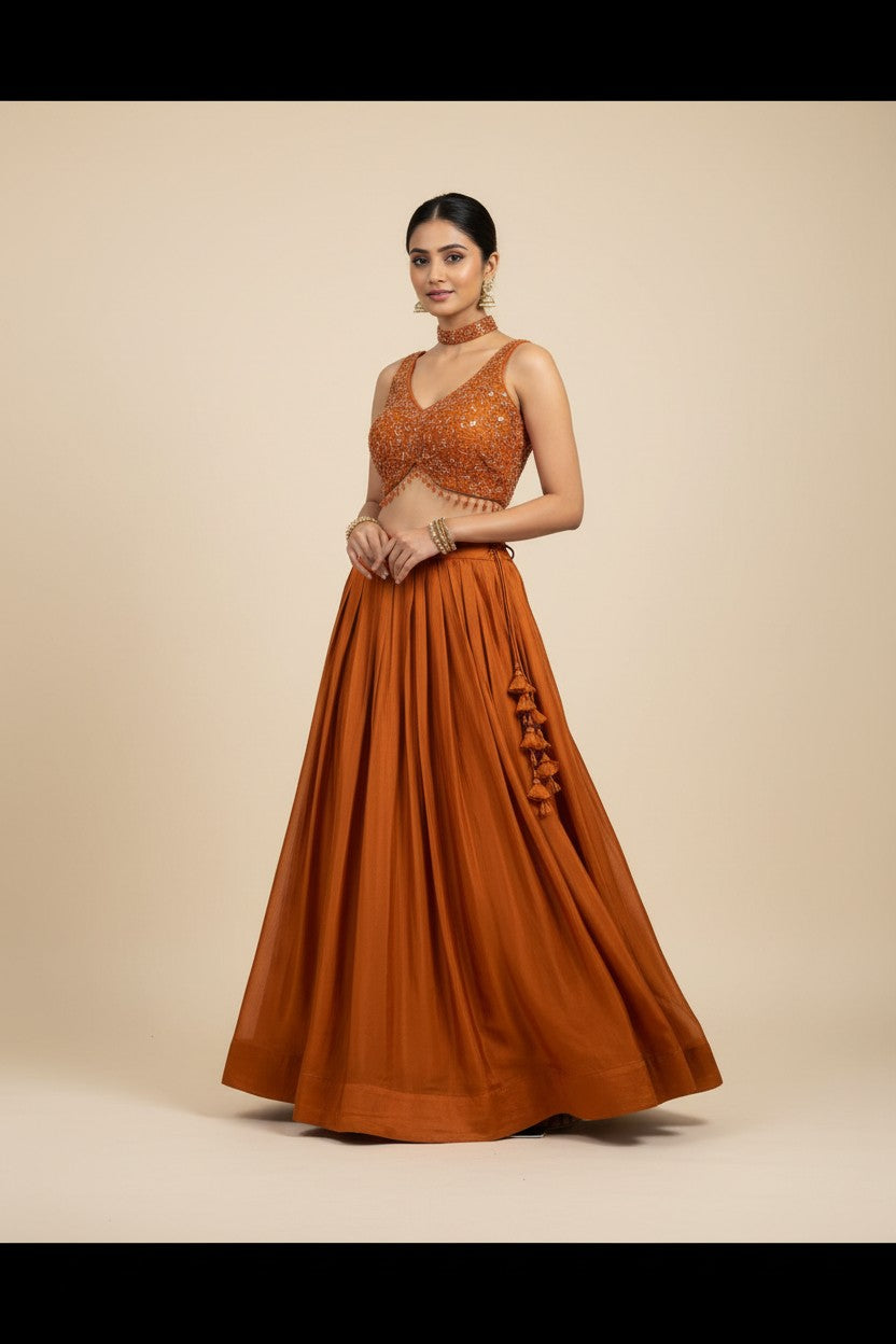 Rangoli burnt orange embellished V-neck sleeveless crop top and flowing pleated lehenga skirt with tassels.