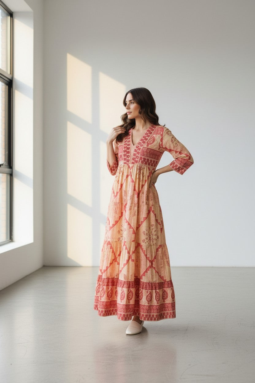 Rangoli coral and cream block print cotton tiered V-neck maxi dress with three-quarter sleeves.