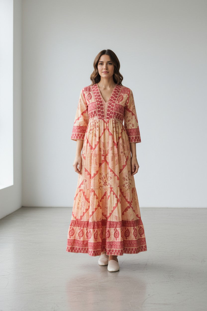 Rangoli coral and cream cotton tiered V-neck maxi dress with block print and three-quarter sleeves.