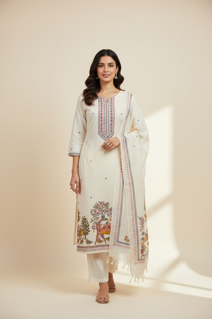Rangoli cream cotton kurta set with embroidered neckline and folk art print on hem and dupatta. Includes pants.