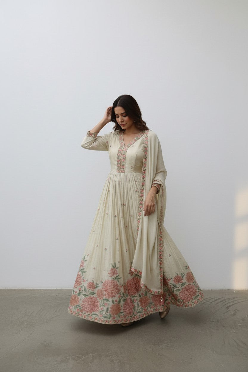 Rangoli cream Anarkali suit with floral embroidery on neckline, sleeves, and hem. Includes matching dupatta.