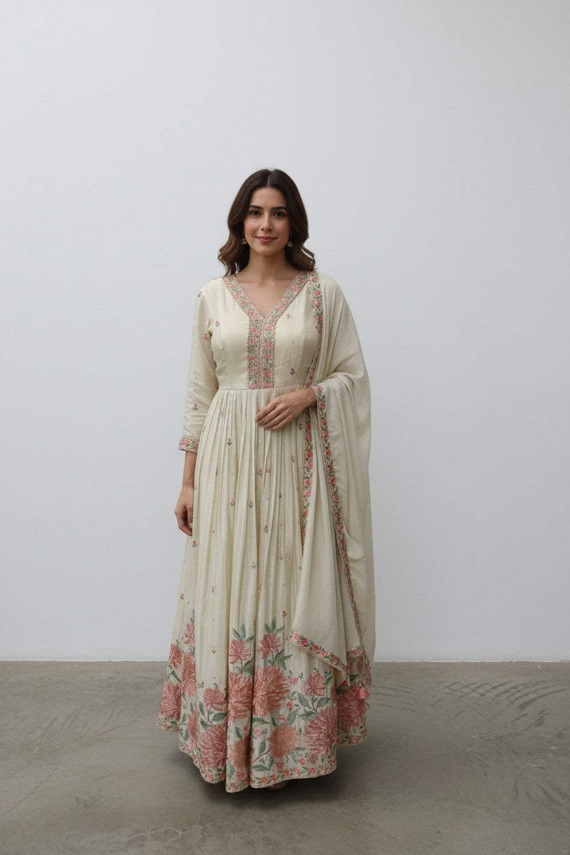 Rangoli cream Anarkali suit with floral embroidery on neckline, sleeves, and hem. Includes matching dupatta.