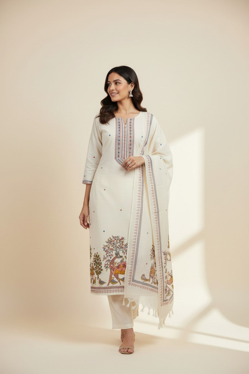 Rangoli cream cotton kurta set with embroidered neckline, cuffs, and folk art print on hem and dupatta.