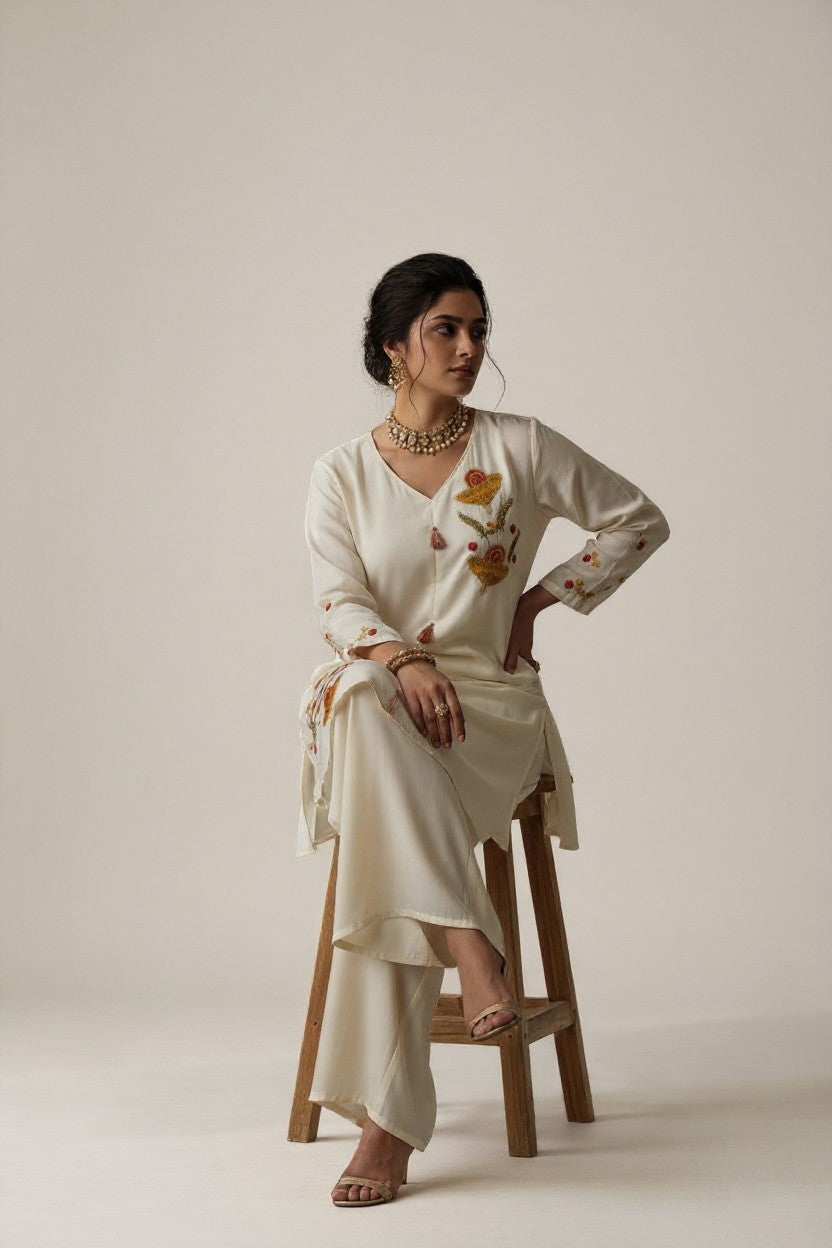 Rangoli cream-colored embroidered kurta with yellow and red floral details and palazzo pants. Lightweight fabric with V-neck.