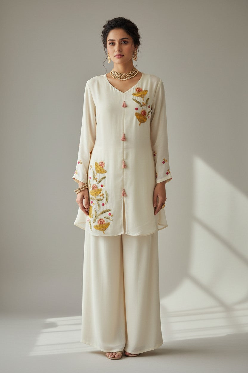 Rangoli cream embroidered kurta with yellow and red floral details, V-neck, tassels, and palazzo pants.