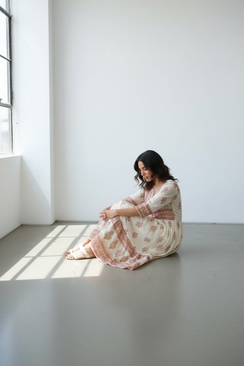 Rangoli cream tiered maxi dress with pink floral print, tassel tie neckline, and bohemian flair.