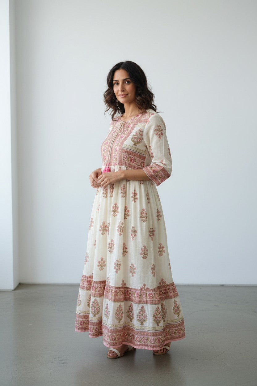 Rangoli cream tiered maxi dress with pink floral print, tassel tie neckline, and 3/4 sleeves.
