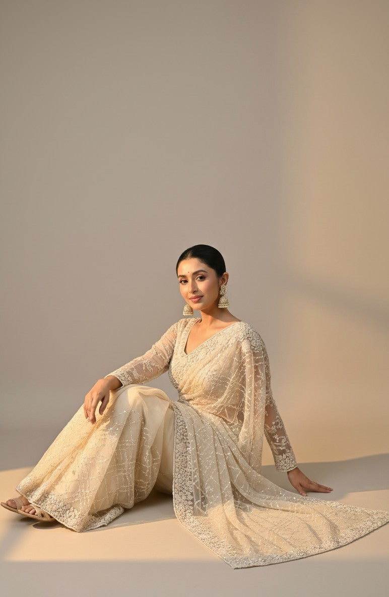 Rangoli cream net saree with full sleeves, intricate embroidery, and sequins. A woman sits gracefully, showcasing the elegant drape and shimmering details.