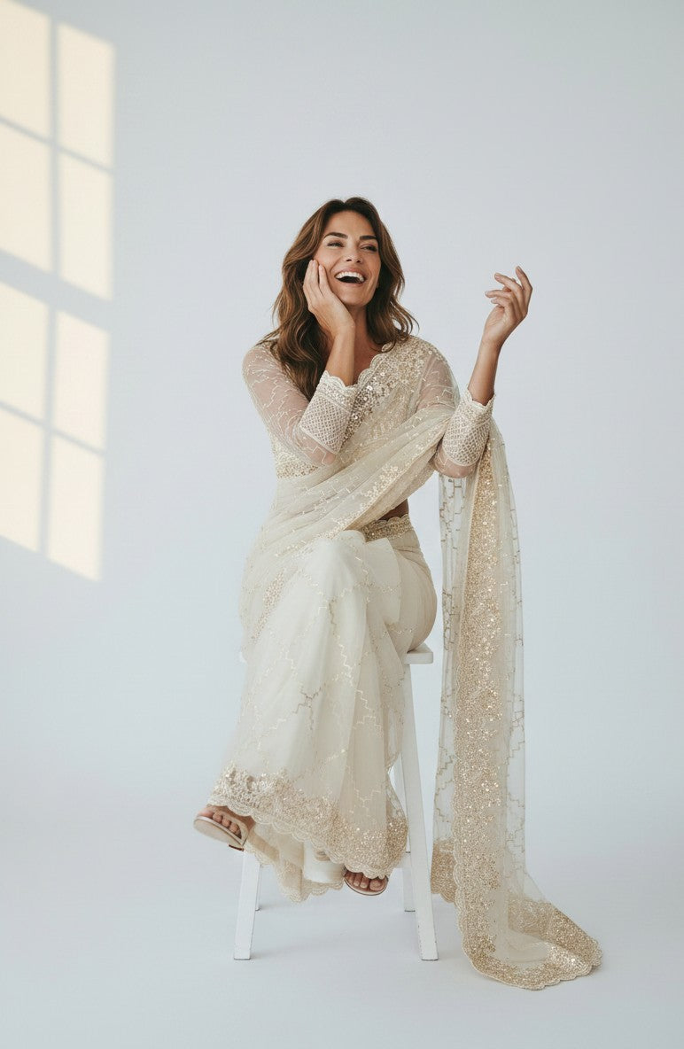 Rangoli cream net saree with gold embroidery, sequins, and full sleeves. Model sitting on stool.