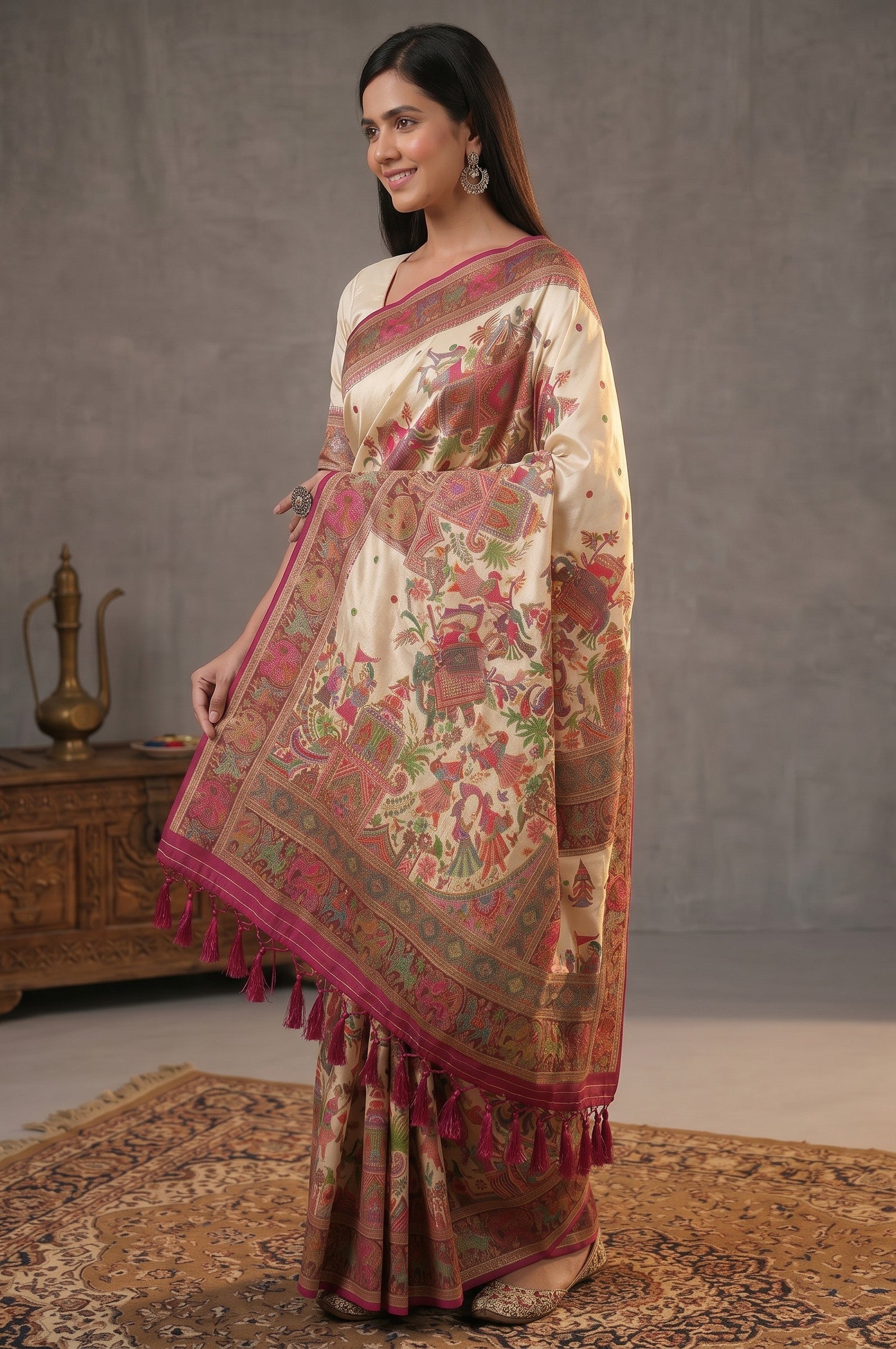 Rangoli cream silk saree with intricate pink, green, and gold motifs and tassels. Traditional tapestry design.