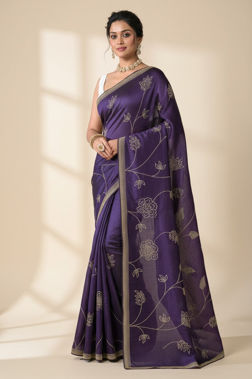 Rangoli deep purple silk saree with intricate golden floral embroidery and detailed border. Perfect for festive occasions.