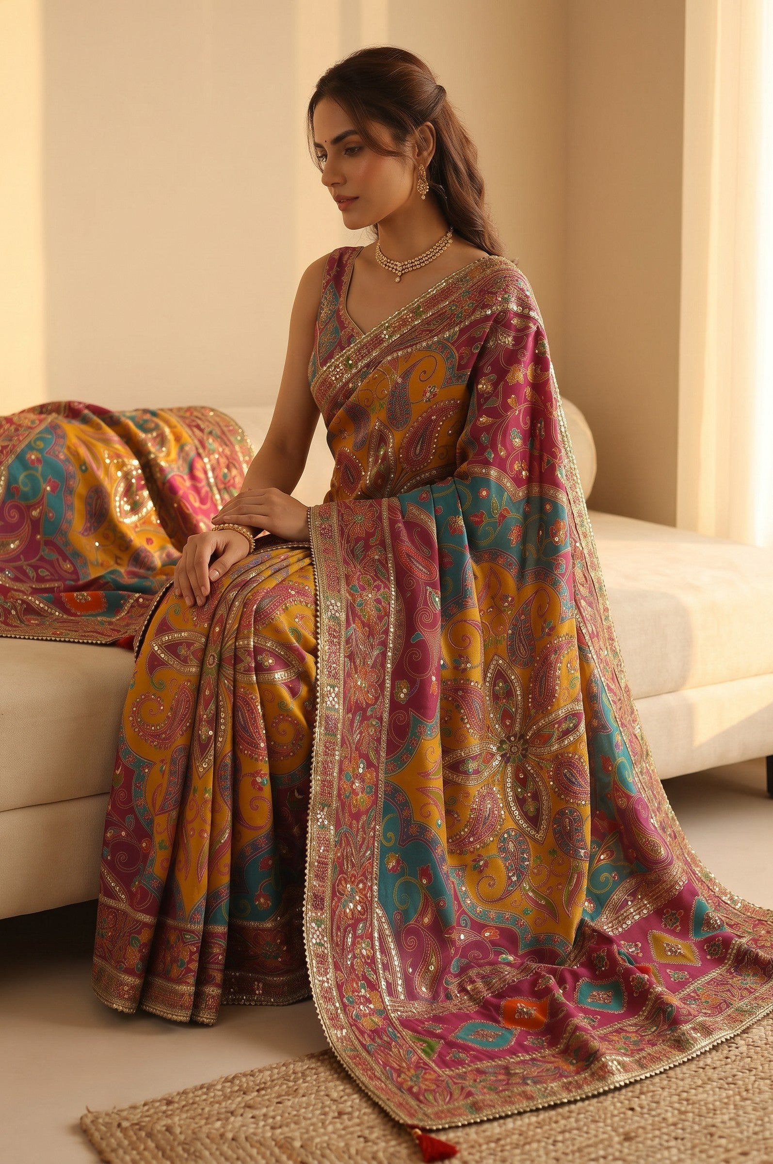 Rangoli mustard yellow, magenta, and teal blue silk saree with embroidered paisley motifs and sequin work. Ornate border with zari and stone details.