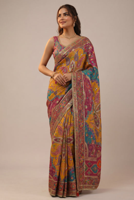Rangoli mustard yellow silk saree with magenta and teal paisley embroidery and sequin work. Ornate border with zari and stone details.