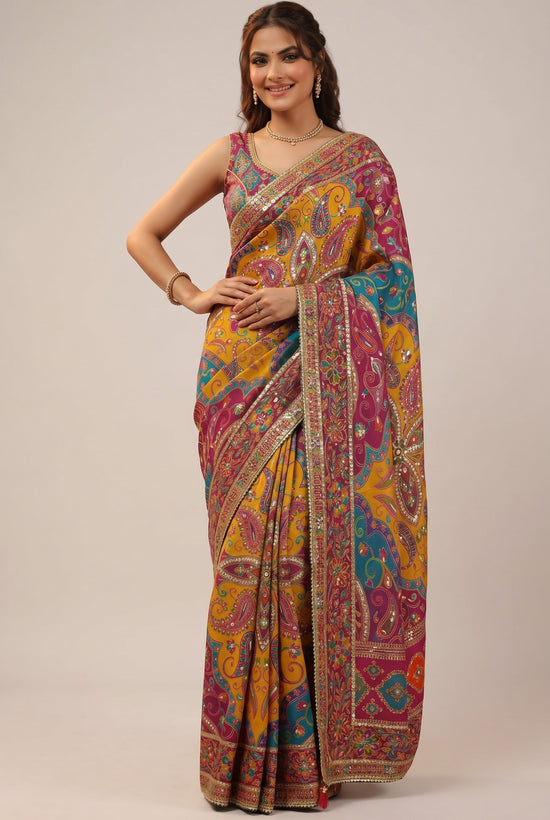Rangoli mustard yellow silk saree with magenta and teal paisley embroidery, sequin work, and ornate zari border.