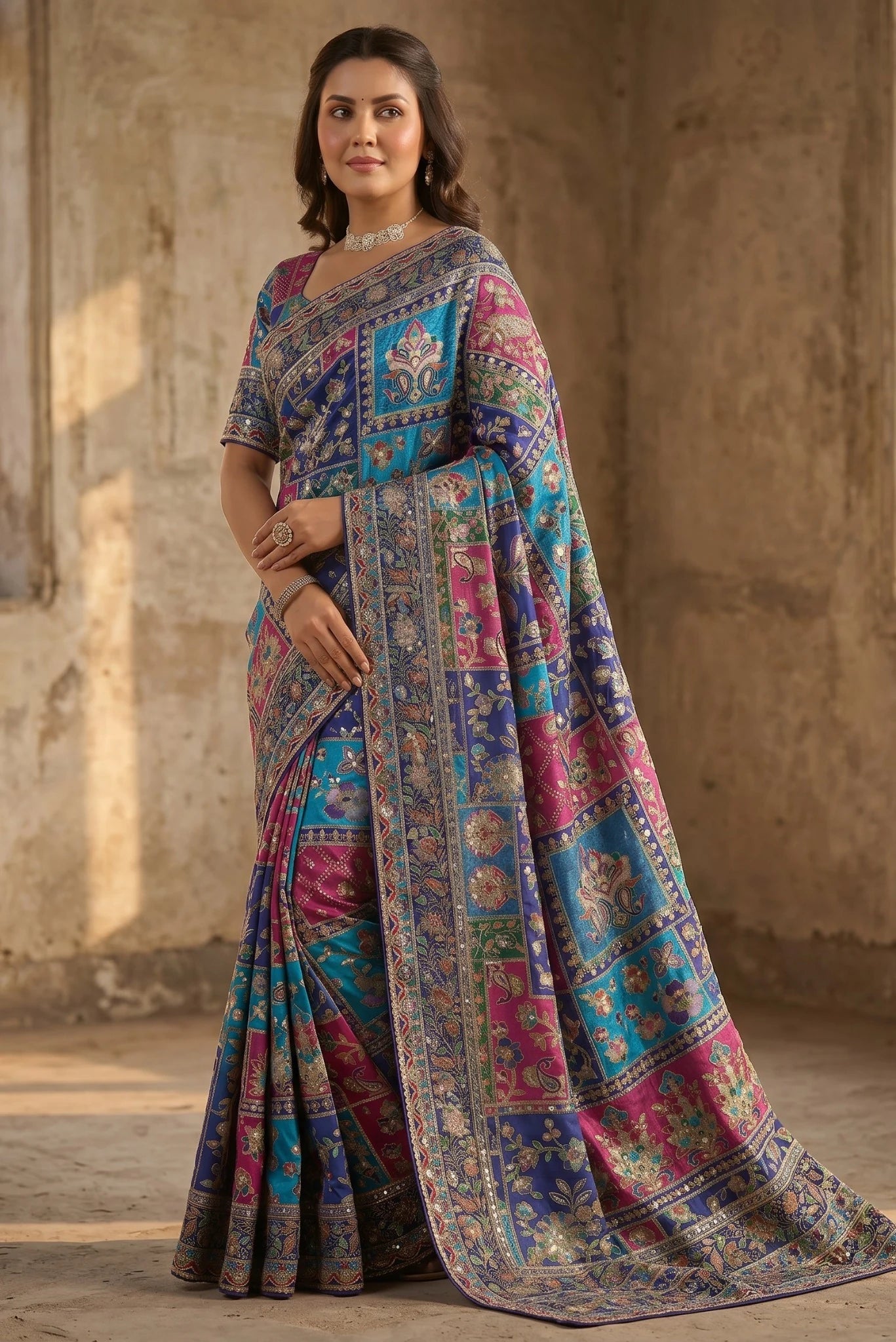 Woman wearing a colorful saree with intricate patterns against a textured wall.