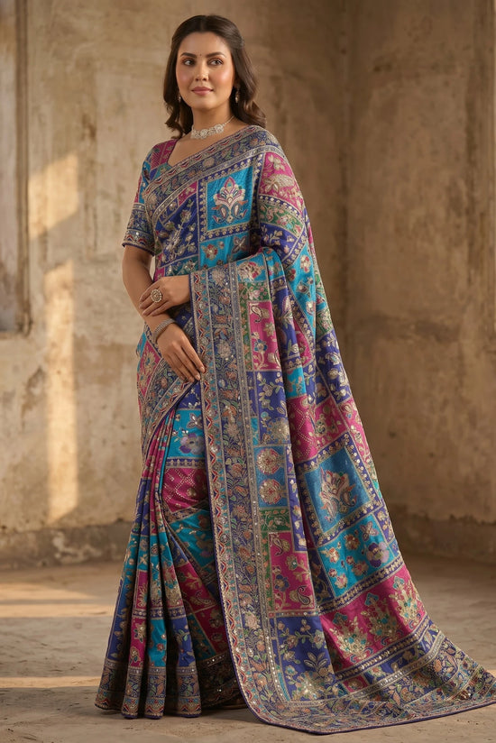 Navy Fuchsia Teal Floral Patchwork Silk Blend Saree - Rangoli India
