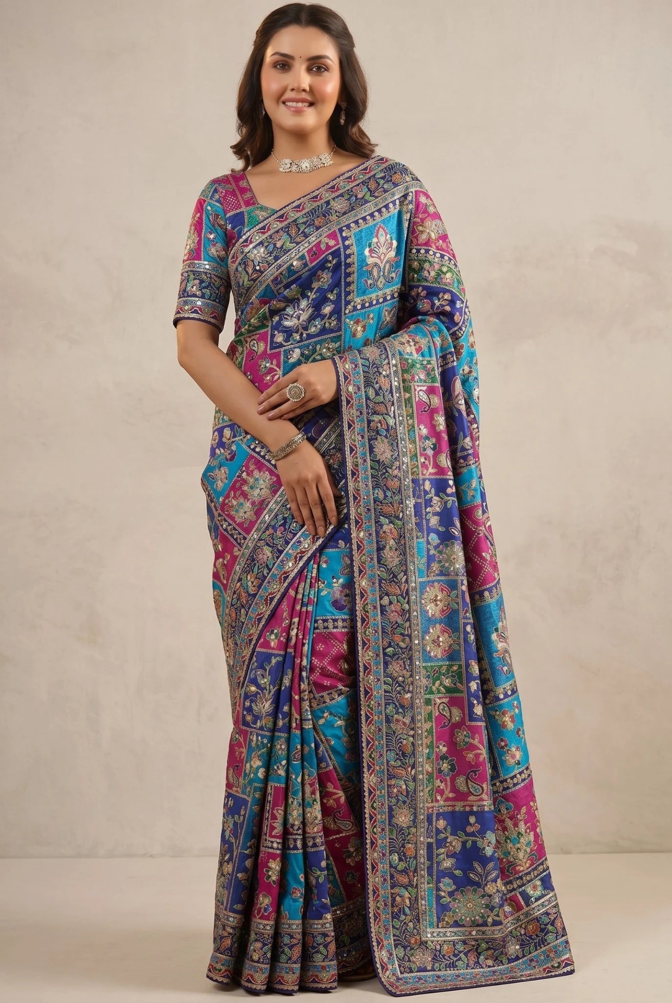 Woman wearing a colorful saree with a neutral background
